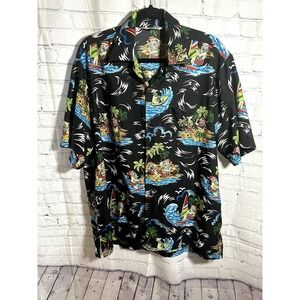 Alvish Mens XL Christmas Hawaiian Shirt Santa Surfing Tropical Black Button Down